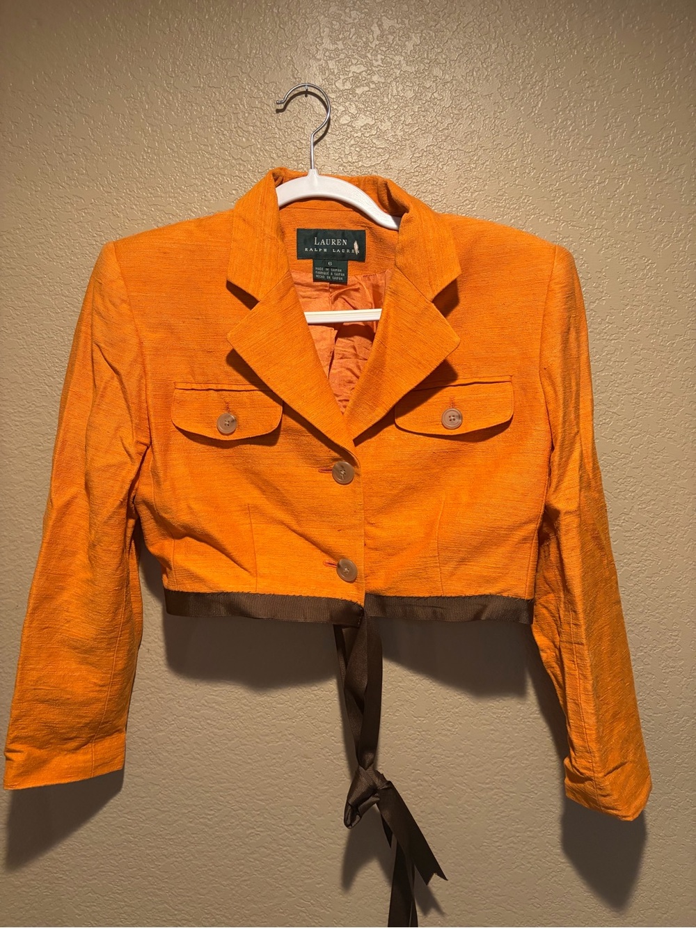 Ralph Lauren Vintage Deep Orange Fall Cropped Blazer with Brown Tie Trim -Sz 6 - Picture 2 of 8